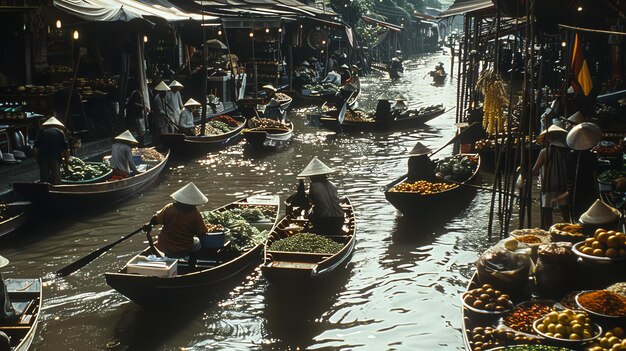 Un vibrante y bullicioso mercado flotante en Tailandia Los barcos están cargados con una variedad de mercancías desde productos frescos hasta recuerdos