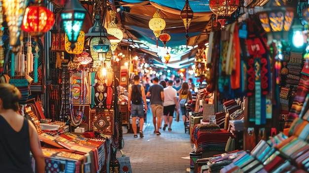 Un vibrante y bullicioso mercado de Oriente Medio es una fiesta para los sentidos Las coloridas linternas y luces añaden un toque mágico