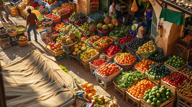 Foto un vibrante y bullicioso mercado de productos lleno de frutas y verduras frescas y coloridas