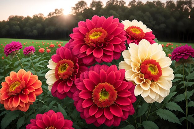 Vibrante buquê de dálias mostra beleza natural ao ar livre