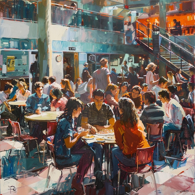 Una vibrante cafetería universitaria con estudiantes socializando