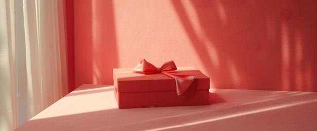 Foto vibrante caja de regalo roja con elegante arco en fondo de corazón rosado