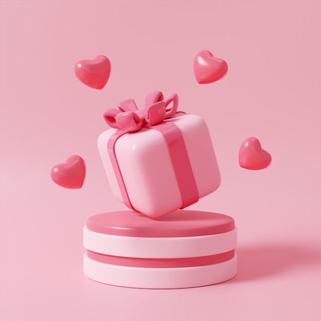 Vibrante caja de regalo rosada con corazones flotando por encima en el podio para el Día de San Valentín 3D render