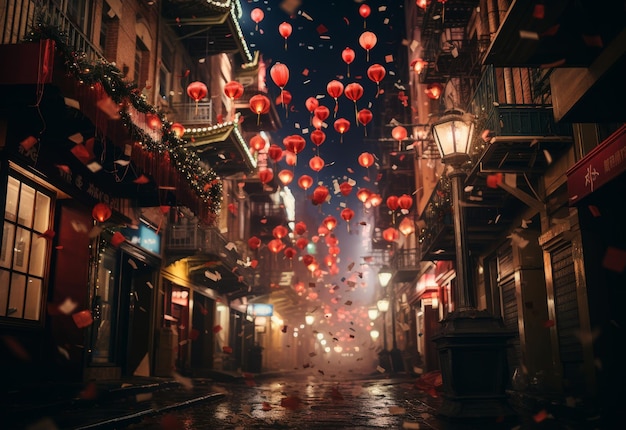 Vibrante calle de la ciudad repleta de globos rojos