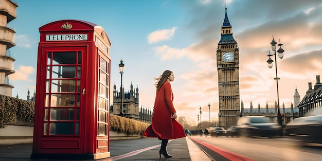Vibrante calle de Londres con la icónica cabina telefónica roja y una mujer del Big Ben con abrigo rojo pasea AI