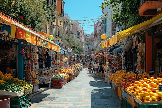 Vibrante calle de mercado adornada con frutas frescas y puestos coloridos en un día soleado IA generativa