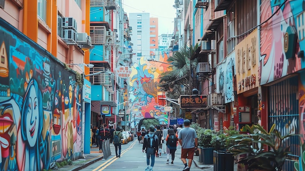 Una vibrante calle peatonal con coloridos murales y varias tiendas