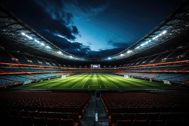 Vibrante campo de fútbol nocturno generativo IA