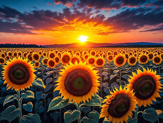 Un vibrante campo de girasoles durante la puesta de sol