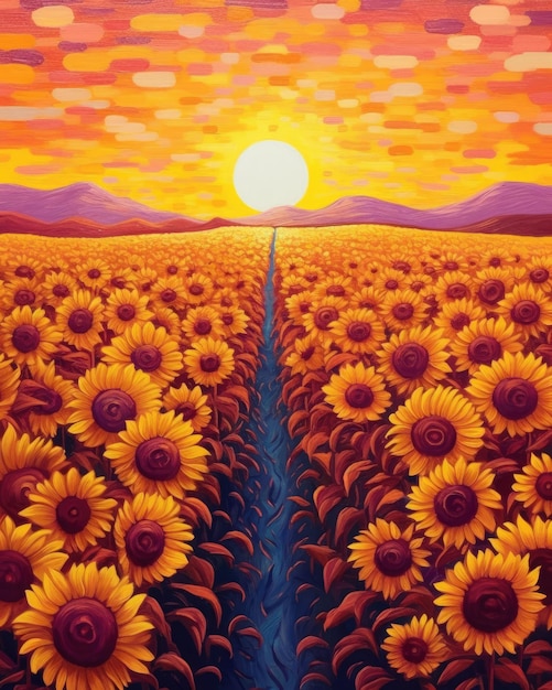 Un vibrante campo de girasoles que se extiende hacia el horizonte bajo un sol brillante