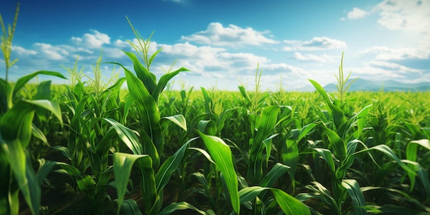 Foto vibrante campo de maíz arafed con majestuoso cielo azul y nubes esponjosas mejoradas por ia generativa