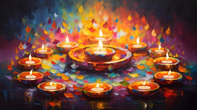 Una vibrante celebración de Diwali con diyas iluminadas feliz Diwali