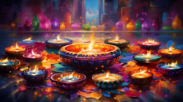 Una vibrante celebración de Diwali con diyas iluminadas feliz Diwali