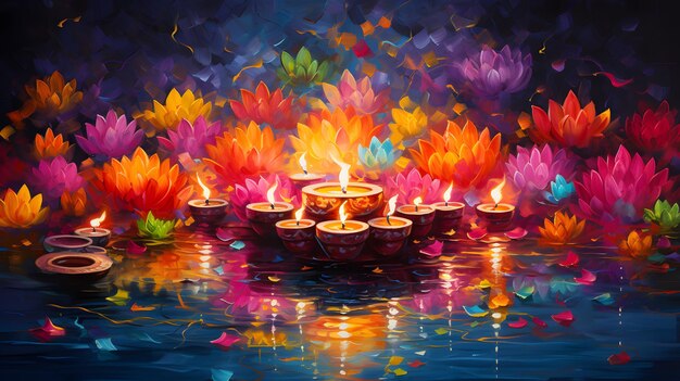 Una vibrante celebración de Diwali con diyas iluminadas feliz Diwali