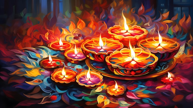 Una vibrante celebración de Diwali con diyas iluminadas feliz Diwali