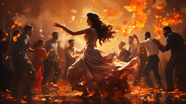 Vibrante celebración de Diwali Mujeres bailando en una pintura festiva