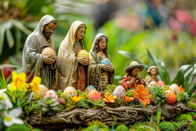 Foto vibrante cenário da natividade com a santíssima virgem maria e figuras de crianças em meio a ovos de páscoa e primavera