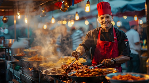 Foto vibrante chef de comida callejera en acción foto de alta resolución capturando la emoción de cocinar en street foo