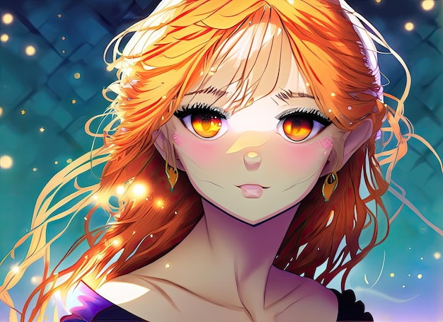 Una vibrante chica de anime con una melena salvaje de cabello naranja sus ojos brillando de travesura