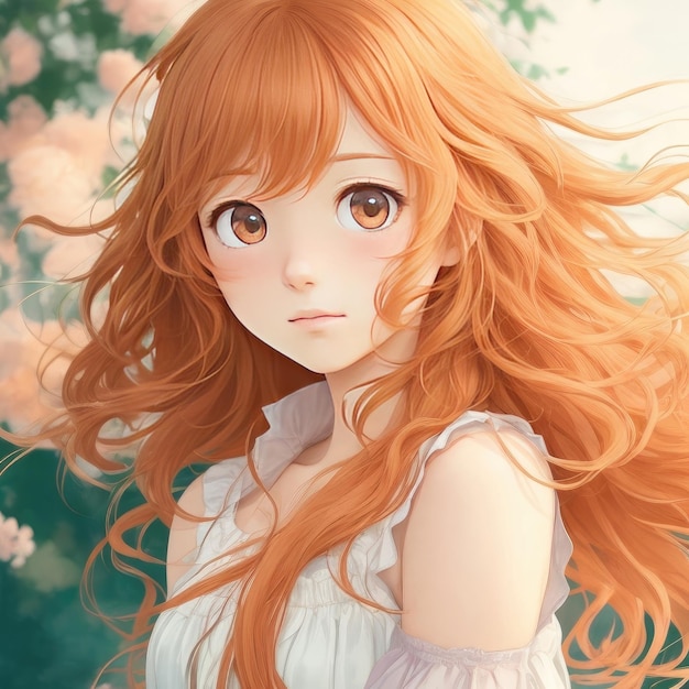 Una vibrante chica de anime con una melena salvaje de cabello naranja sus ojos brillando de travesura