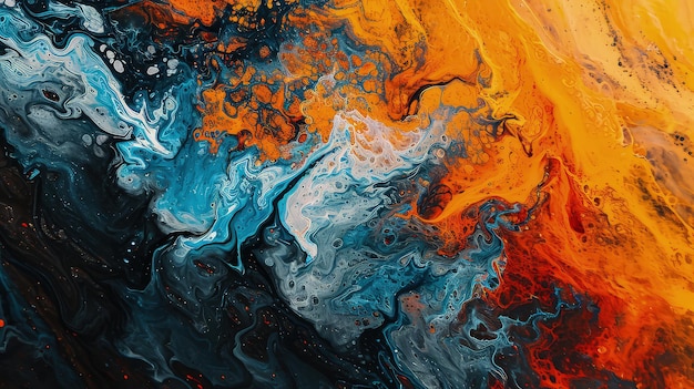 Un vibrante choque de colores una hipnotizante pintura acrílica abstracta que captura la interacción dinámica del naranja ardiente y el azul frío