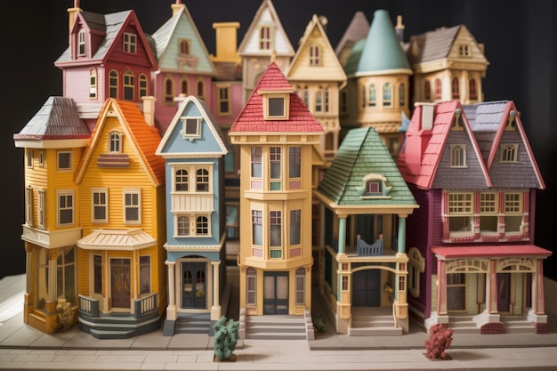 vibrante cidade de brinquedo rua da cidade com diferentes edifícios coloridos ilustração detalhada de miniaturas