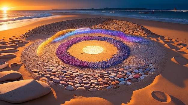 Un vibrante círculo detallado de piedras iluminadas por el sol sobre una playa de arena