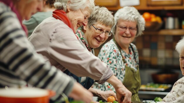 Vibrante clase de cocina ancianos exploran pasatiempos pasiones en la jubilación con alegre creatividad