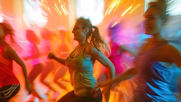 Foto una vibrante clase de fitness de baile de alta energía en pleno apogeo con participantes39 movimientos borrosos para conv