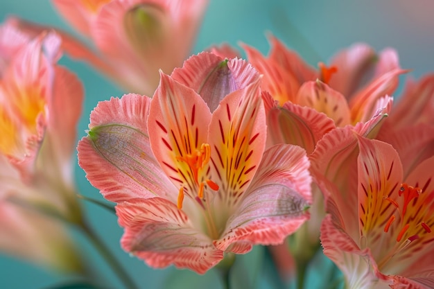 Vibrante close-up de delicadas flores rosa Alstroemeria com pétalas e estames detalhados em um macio