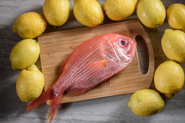 Vibrante closeup fresco peixe pargo cru com toque picante de limão em 4K