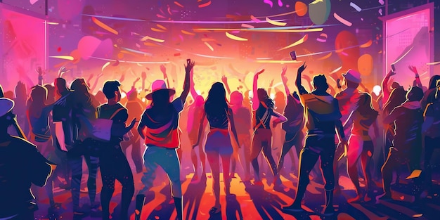 Foto en un vibrante club nocturno, la gente baila alegremente en un festival de música, sus siluetas se iluminan con luces pulsantes. la energía es contagiosa y crea una atmósfera de pura euforia. ia generativa.