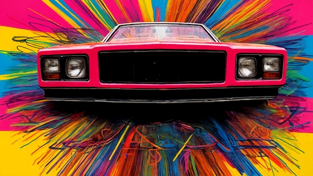 Vibrante coche de época con un fondo de colores explosivos