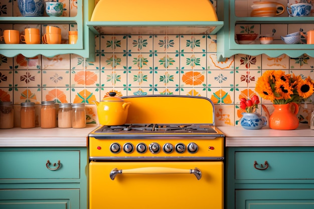 Foto vibrante cocina de inspiración retro colorido revestimiento trasero de azulejos electrodomésticos antiguos y pared amarilla soleada