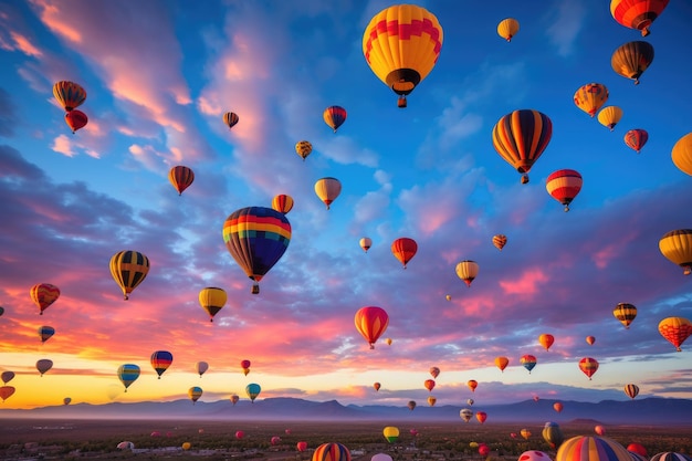 Una vibrante colección de globos de aire caliente llena el cielo con tonos audaces flotando con gracia por el aire coloridos globos de air caliente llenando los cielos sobre Albuquerque Nuevo México Generado por IA