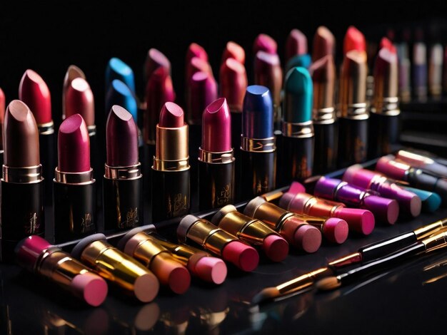 Una vibrante colección de lápices de labios multicolores para una belleza glamurosa Pinceles de sombra de ojos brillantes
