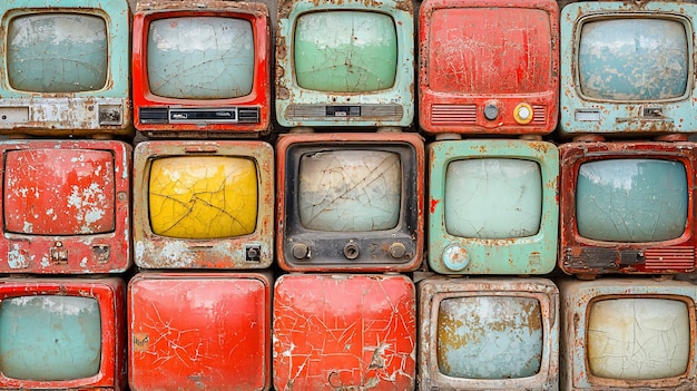 Una vibrante colección de televisores antiguos apilados juntos mostrando diseños y colores retro