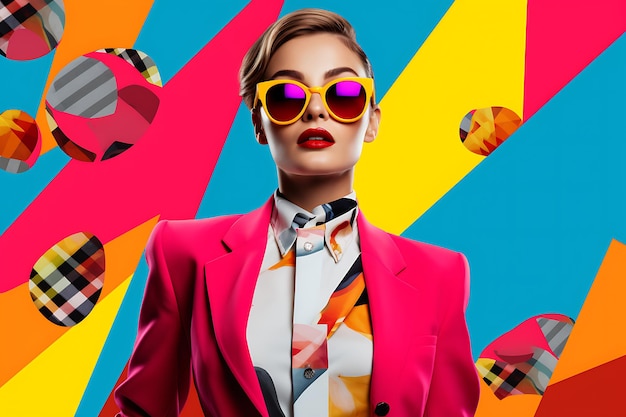 Foto un vibrante collage de arte pop con una mujer de negocios de moda