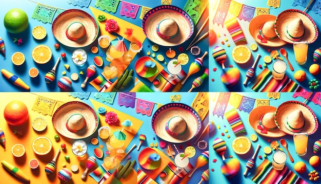 Un vibrante collage de decoraciones de la fiesta mexicana y cócteles de colores