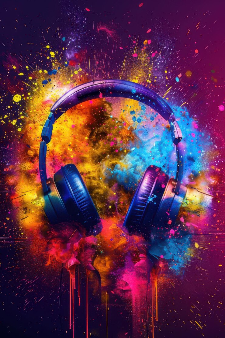 Una vibrante y colorida explosión de pintura que rodea un par de auriculares que representan la música y la creatividad
