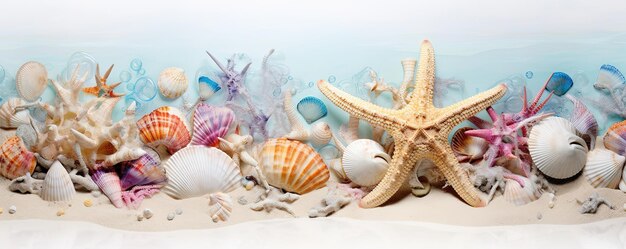 Una vibrante comunidad oceánica de animales invertebrados incluyendo coloridas conchas y majestuosas estrellas de mar bailan en la brisa salada del mar celebrando la belleza de la vida y la naturaleza sin fin