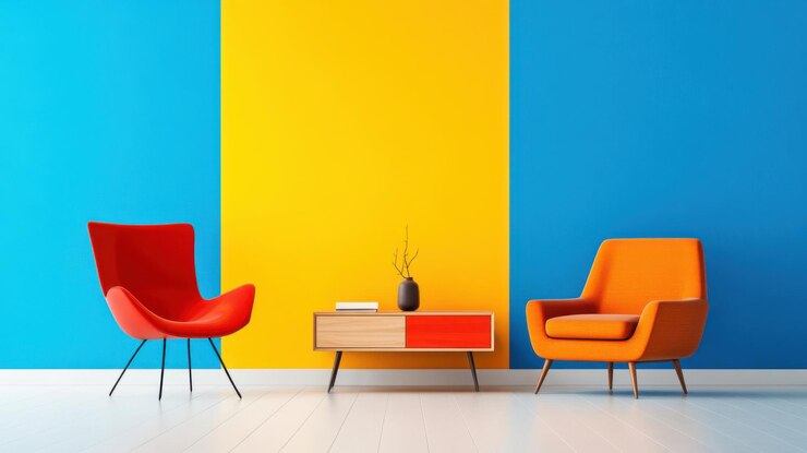 Vibrante concepto de diseño de interiores moderno de mediados de siglo