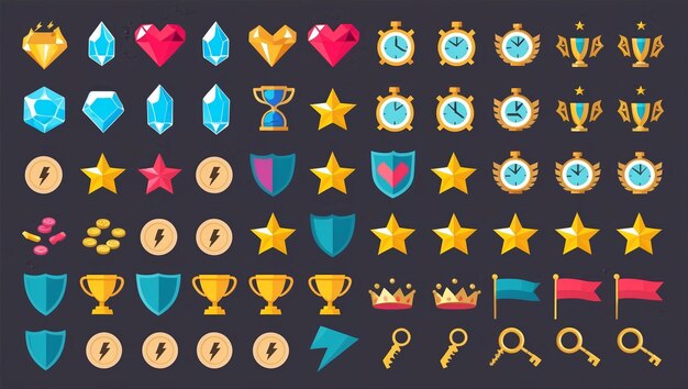 Un vibrante conjunto de artículos de interfaz de juego con cristales, trofeos y recompensas.