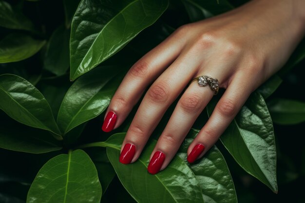 Foto vibrante contraste un primer plano de uñas rojas cuidadosas acariciando una deliciosa hoja verde