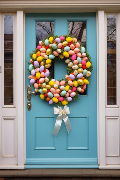 Vibrante corona de Pascua adornada con huevos de colores colgando en la puerta de la casa