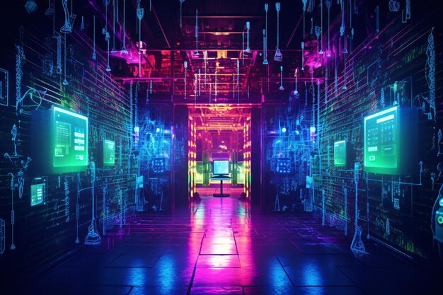 Vibrante corredor NeonLit com fundo escuro misterioso facilmente descobrível imagem de estoque com Generat...