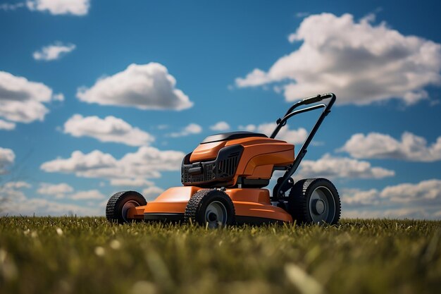 Vibrante cortadora de césped naranja en medio de la exuberante hierba verde y la IA del cielo