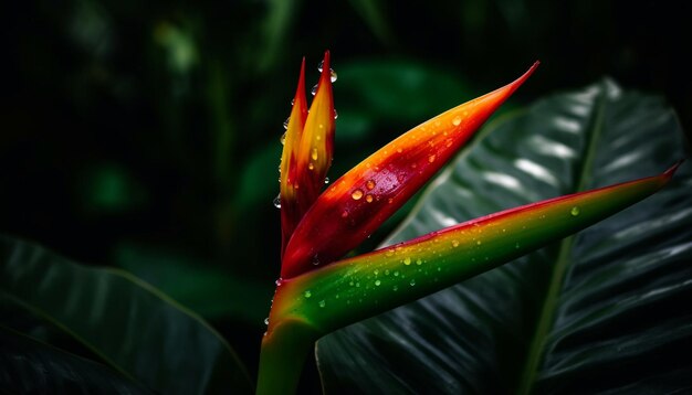 Vibrante crecimiento de la selva tropical pétalos multicolores adornan la hoja de una sola flor generada por inteligencia artificial
