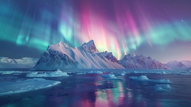 Foto la vibrante danza de la aurora boreal sobre una cordillera cubierta de nieve