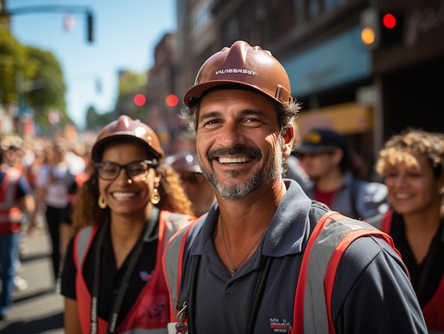 Un vibrante desfile del Día del Trabajo en las bulliciosas calles de la ciudad llenas de multitudes que vitorean